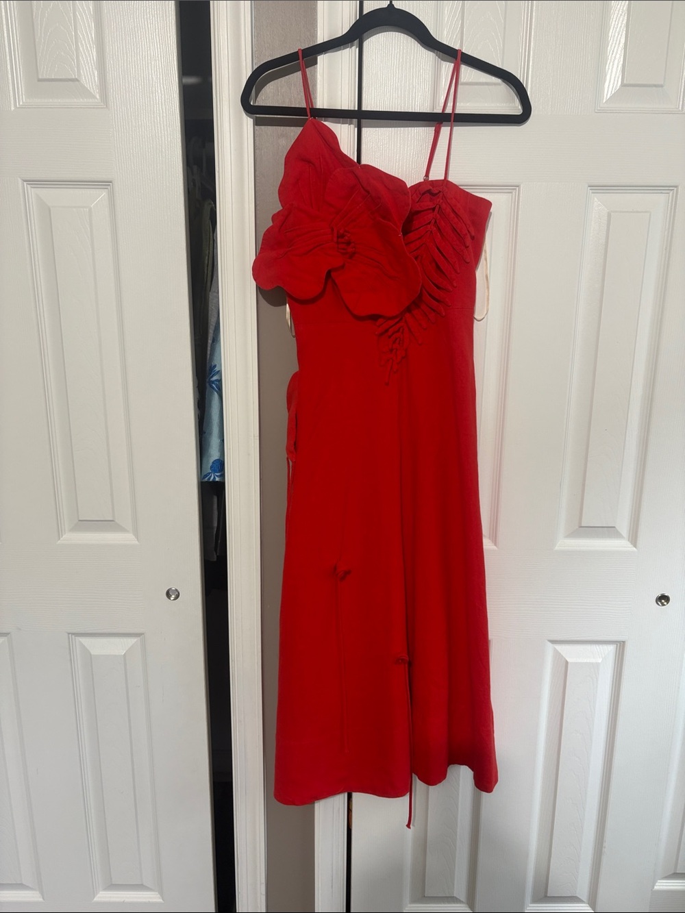 FARM Rio Red Spaghetti-Strap Midi Dress with Floral Applique